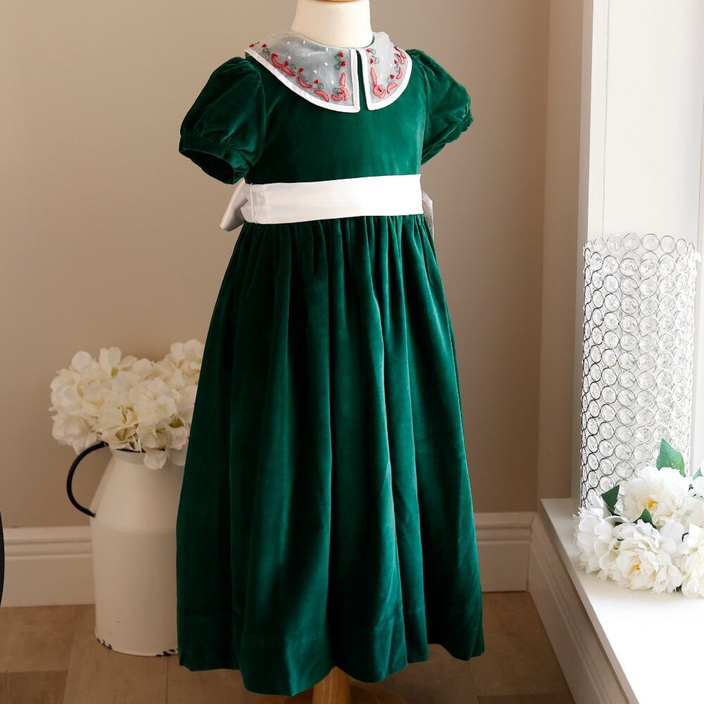 Strasburg Green Dress Cotton Velvet Organza Collar Satin Sash Size 5 NWT